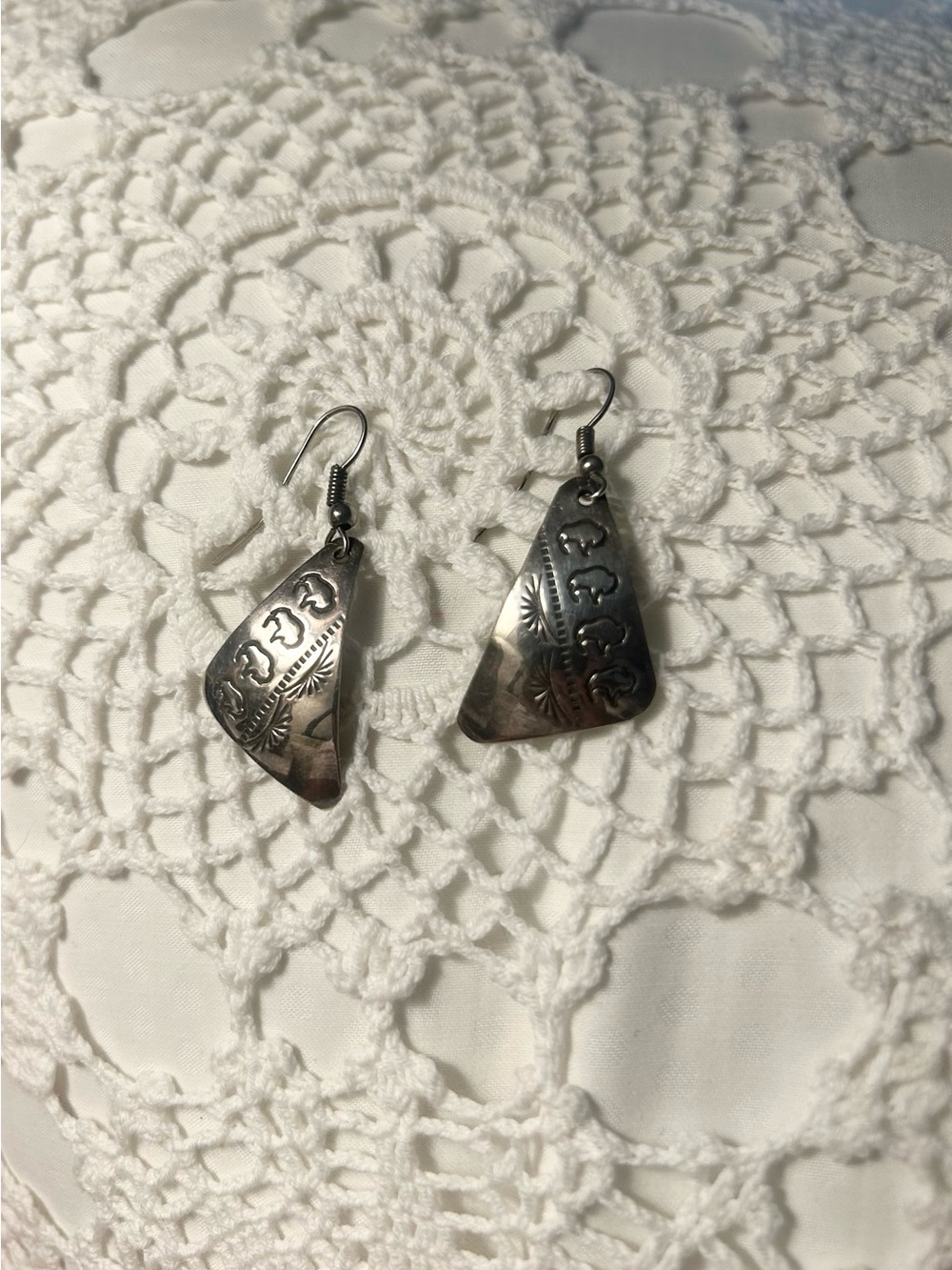 Sterling Silver Bison Engraved Triangle Drop Earrings